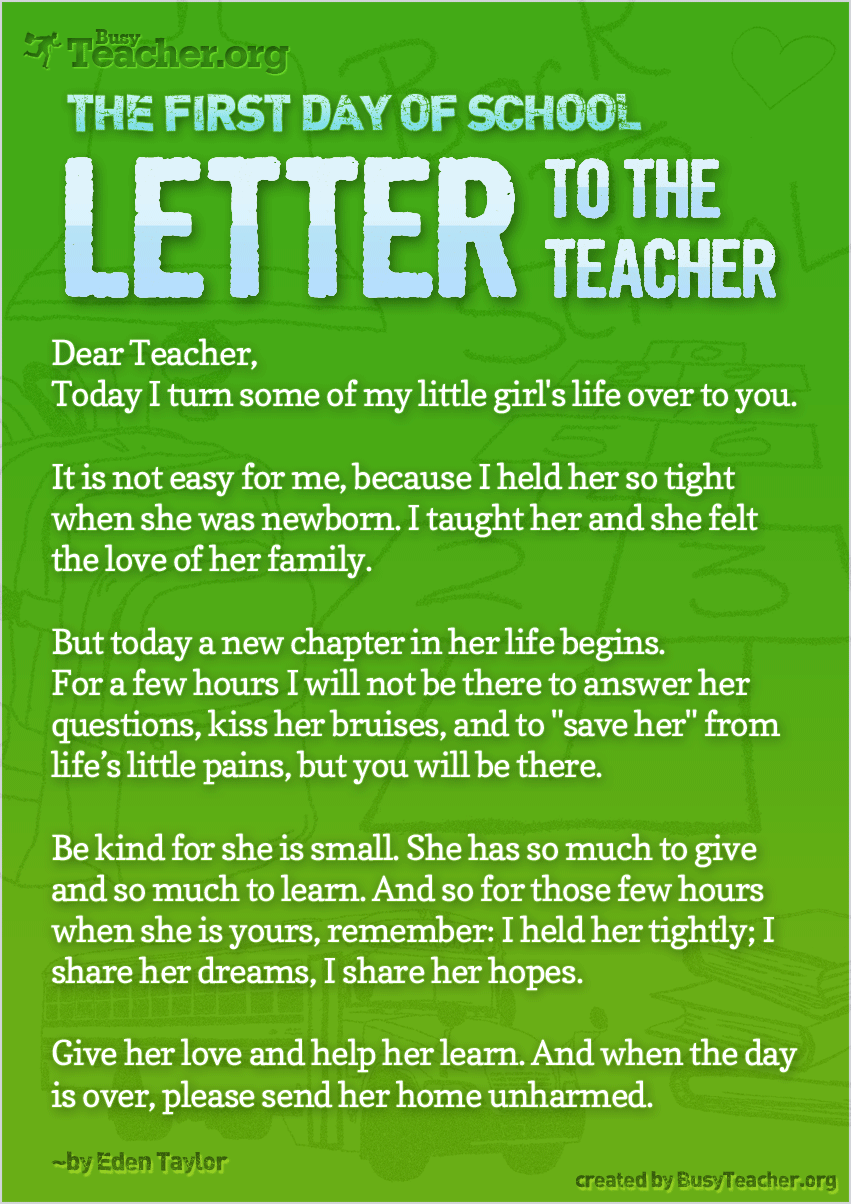The First Day Of School  Letter To The Teacher: Poster