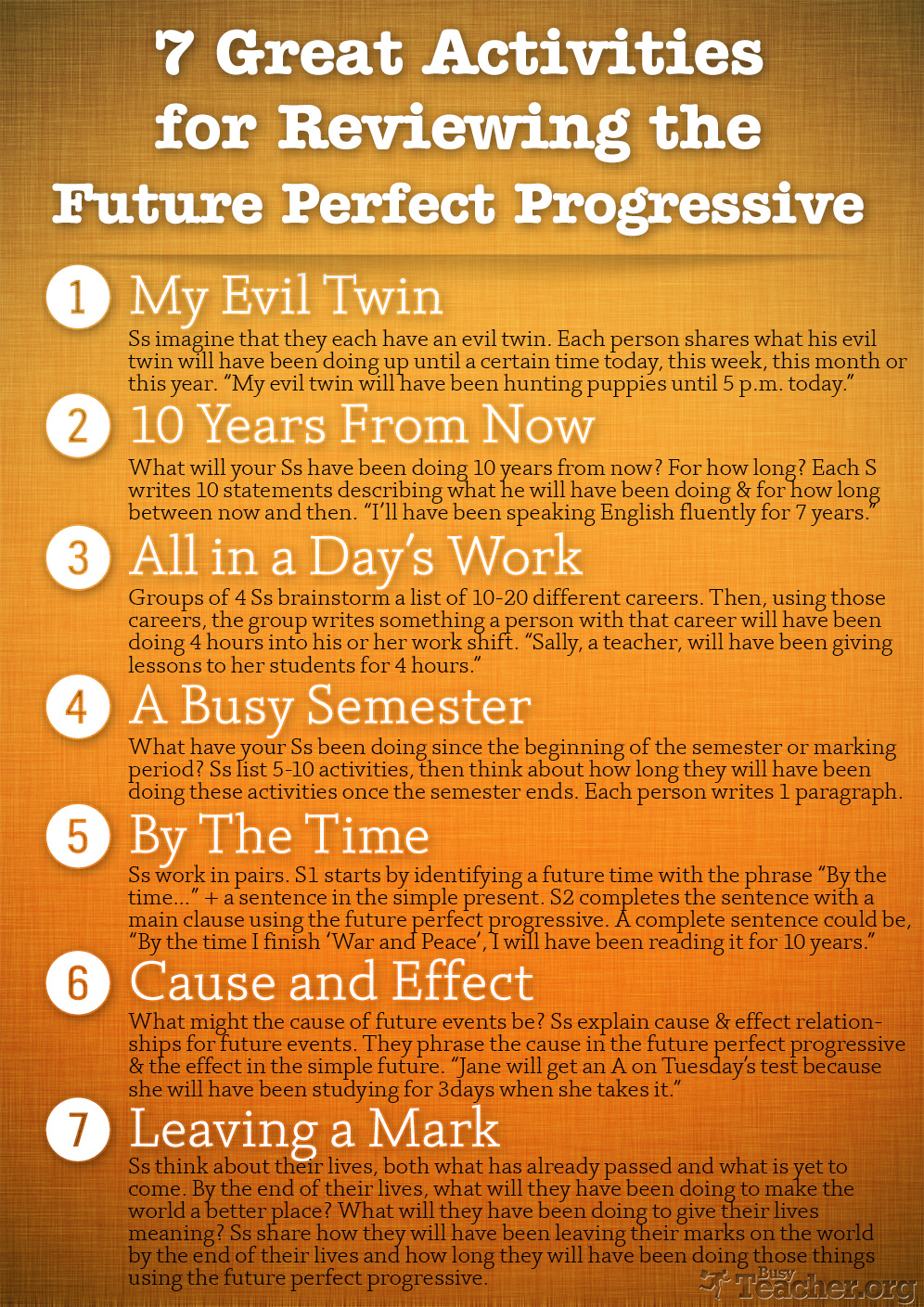 7 Great Activities to Review the Future Perfect Progressive: Poster