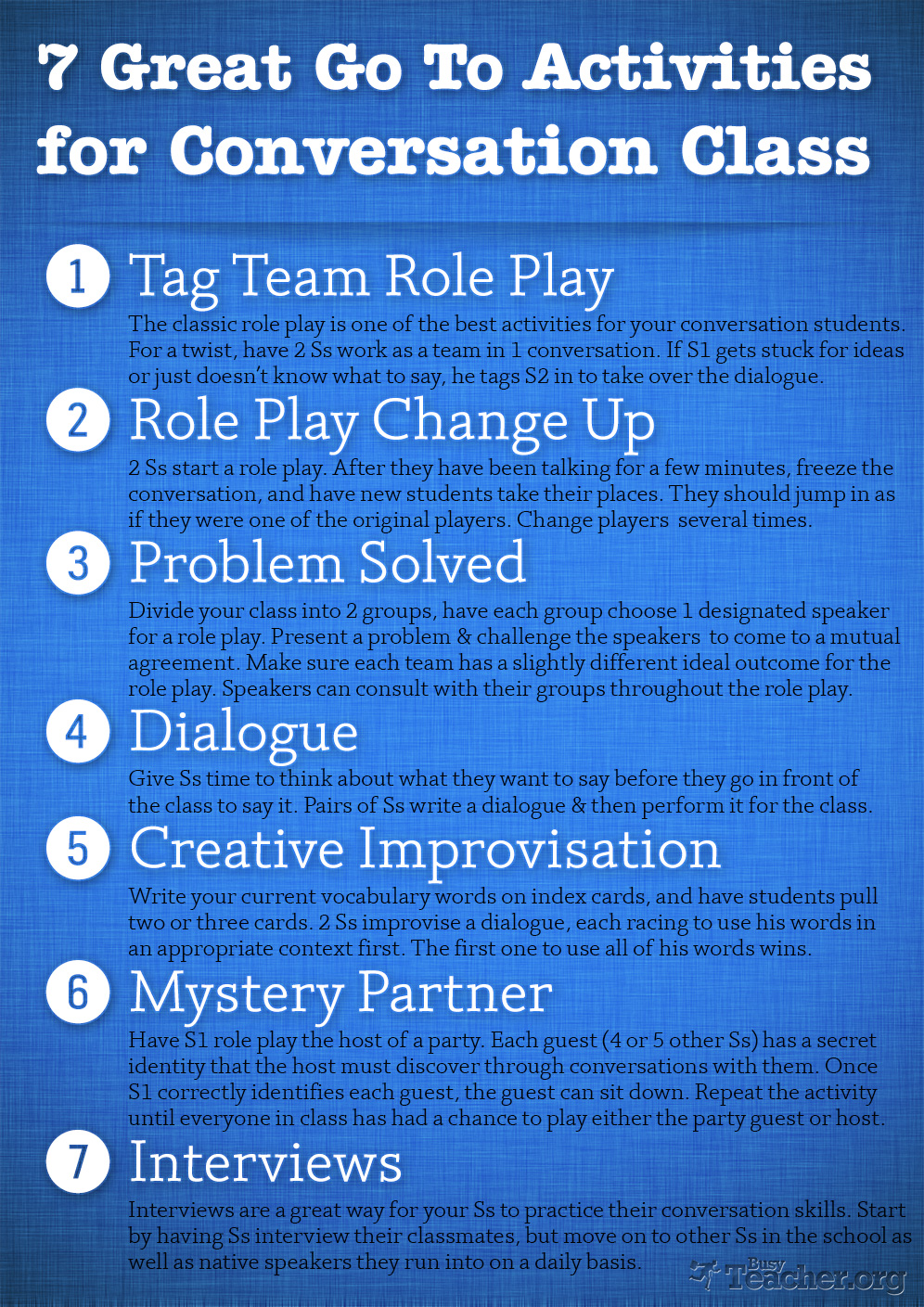 7 Great Go To Activities for Conversation Class: Poster