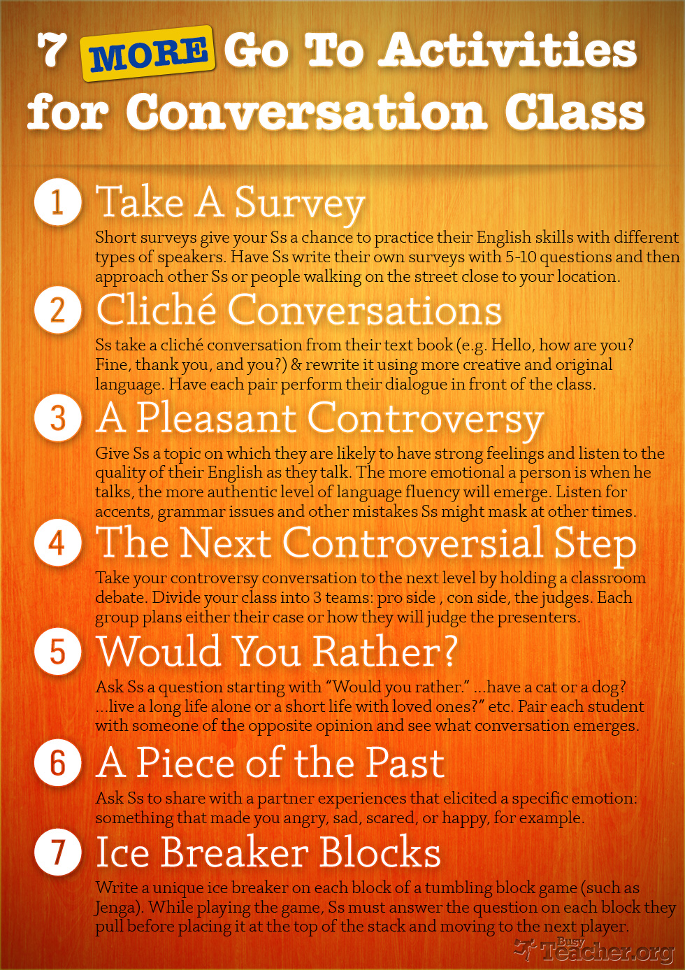 7 More Go To Activities for Conversation Class: Poster