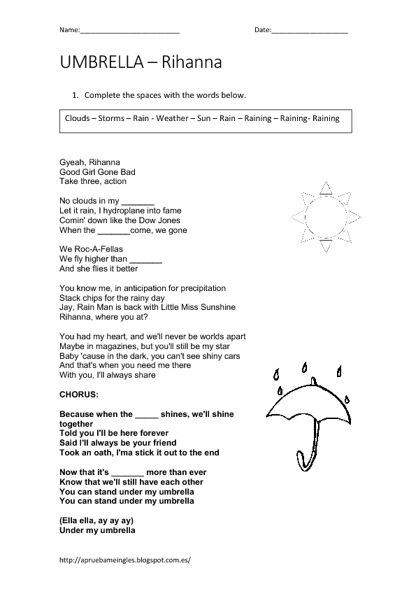 Raining man текст. Umbrella текст. Umbrella Worksheets. Umbrella Rihanna Worksheet. Worksheet к песне.